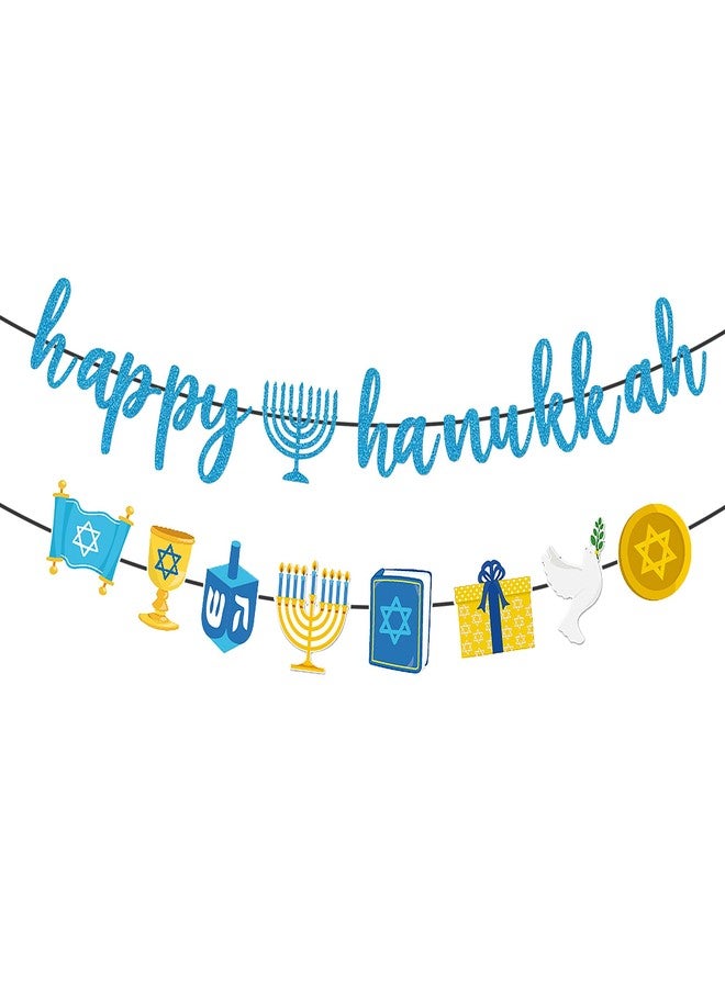 Lucleag 2Pcs Happy Hanukkah Banner, Menorah Pigeon Star Chanukah Banner for Hanukkah Party Supplies, Chanukah Photo Props Backdrops for Hanukkah Fireplace Door Wall Decorations - Image 1